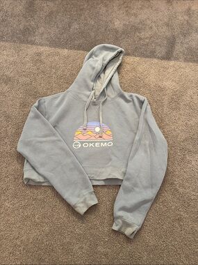 Okemo Youth Cropped Hoodie in Light Blue with Sunset Graphic